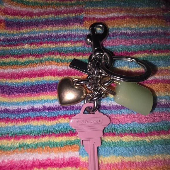 Coach Pink Key Charm with Green Lock and Yellow-Striped Heart - Picture 4 of 6